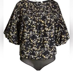 Free People Intimately Dessa Floral Puff Sleeve Bodysuit Top Black Size S